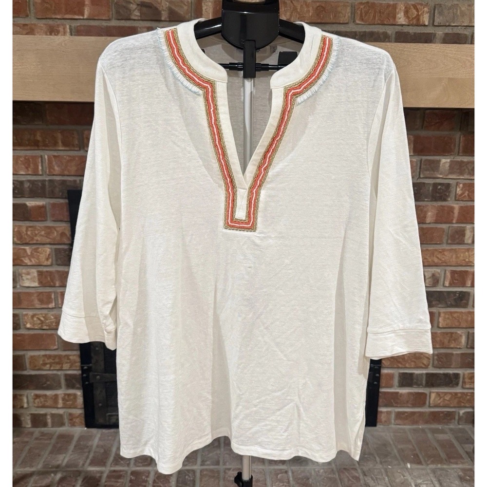Women's Cream Beaded Linen Split Neck Tunic Top 2XL Boho Peasant Beach Hippie